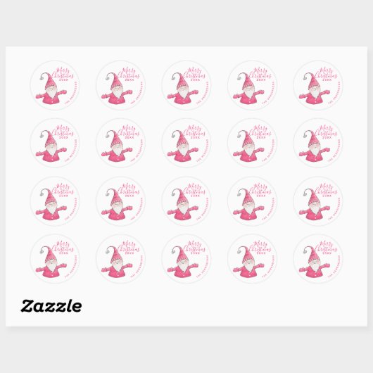 Sticker Rond Gnome blanc et rose moderne Personnalisé Joyeux No (Feuille)