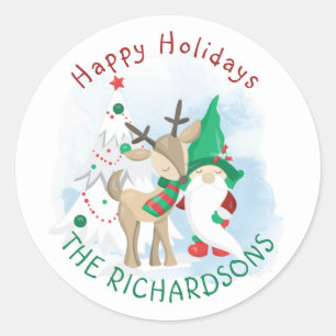 Sticker Rond Gnome Cerf et Arbre de Noël Mignon