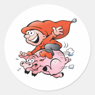 Sticker Rond Gnome de dessin animé drôle chevauchant un cochon