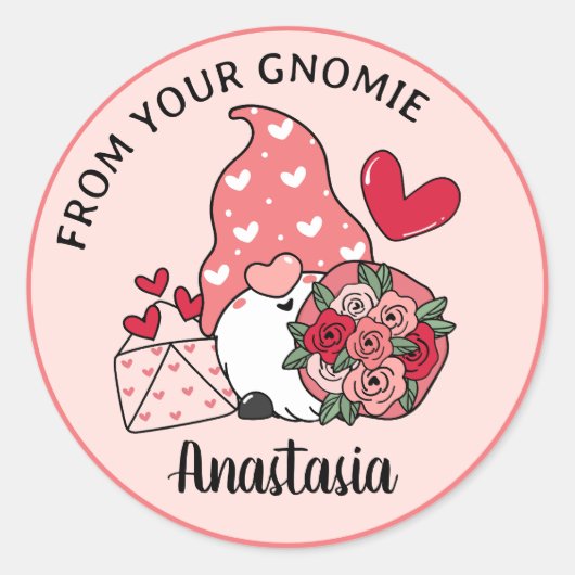 Sticker Rond Gnome de la Saint-Valentin Personnalisé Nom de la  (Devant)