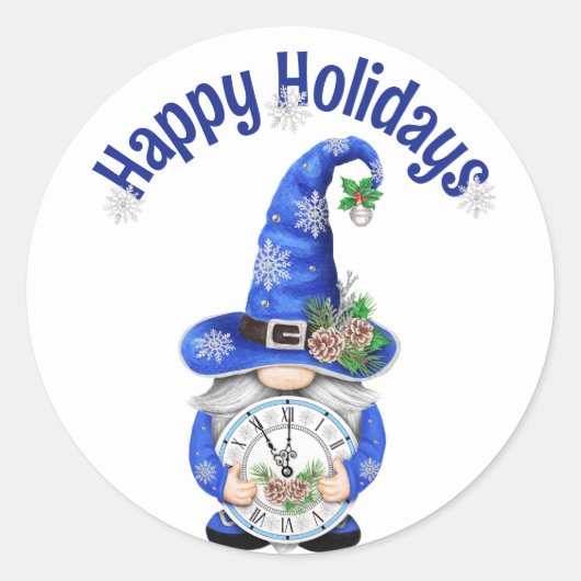 Sticker Rond Gnome de Noël bleu avec horloge (Devant)