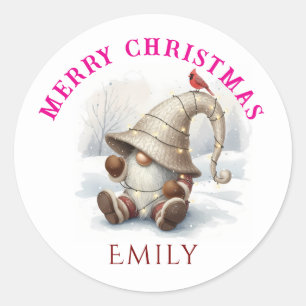 Sticker Rond Gnome de Noël personnalisé à l'aquarelle
