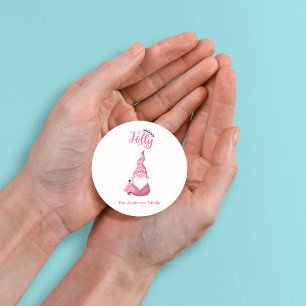 Sticker Rond Gnome de Noël rose avec chapeau de vigneron jovial