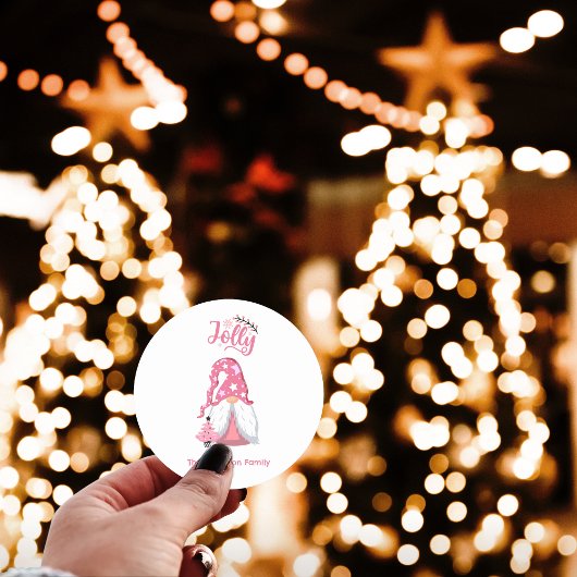 Sticker Rond Gnome de Noël Rose Joyeux