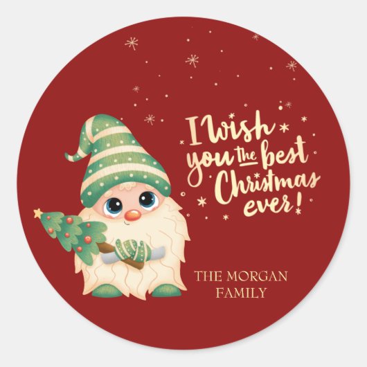 Sticker Rond Gnome, Je Vous Souhaite Le Meilleur Noël Jamais (Devant)