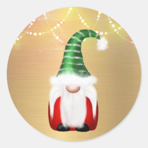 Sticker Rond Gnome Or Noël Rouge Vert Lumières
