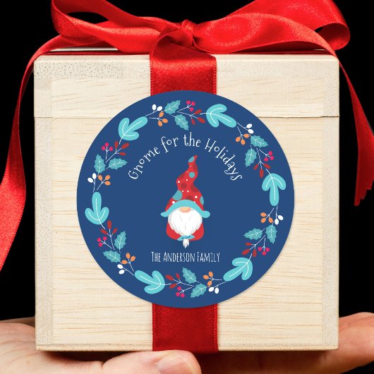 Sticker Rond Gnome pour les vacances Moderne Floral Wreath Blue