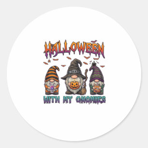 Sticker Rond Gnomes Halloween Trois Gnomes Chapeau de Sorcière