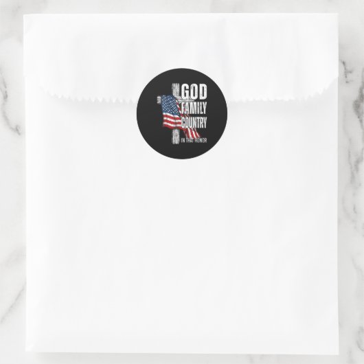 Sticker Rond God Family Country American Flag Christian Patriot (Sac)