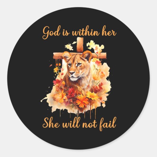 Sticker Rond God Is Within Her She Will Not Fail Lioness Cross (Devant)