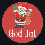 Sticker Rond God Jul Swedish Christmas Père Noël<br><div class="desc">L'autocollant de Père Noël de Noël suédois de Dieu Jul. Un grand autocollant pour une fête suédoise de Noël. Il présente un dessin animé Père Noël. Dites Joyeux Noël en suédois avec cet autocollant festif et de fête sur un arrière - plan rouge.</div>