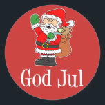 Sticker Rond God Jul Swedish Christmas Père Noël<br><div class="desc">L'autocollant de Père Noël de Noël suédois de Dieu Jul. Un grand autocollant pour une fête suédoise de Noël. Il présente un dessin animé Père Noël. Dites Joyeux Noël en suédois avec cet autocollant festif et de fête sur un arrière - plan rouge.</div>