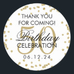 Sticker Rond Gold 50th Birthday Merci Parties scintillant Confe<br><div class="desc">Elégant 50e anniversaire "Merci" Gold Faux Parties scintillant Confetti Blanc marque de faveur modèle.</div>