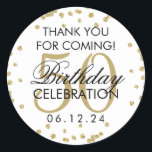 Sticker Rond Gold 50th Birthday Merci Parties scintillant Confe<br><div class="desc">Elégant 50e anniversaire "Merci" Gold Faux Parties scintillant Confetti Blanc marque de faveur modèle.</div>