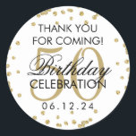 Sticker Rond Gold 50th Birthday Merci Parties scintillant Confe<br><div class="desc">Elégant 50e anniversaire "Merci" Gold Faux Parties scintillant Confetti Blanc marque de faveur modèle.</div>