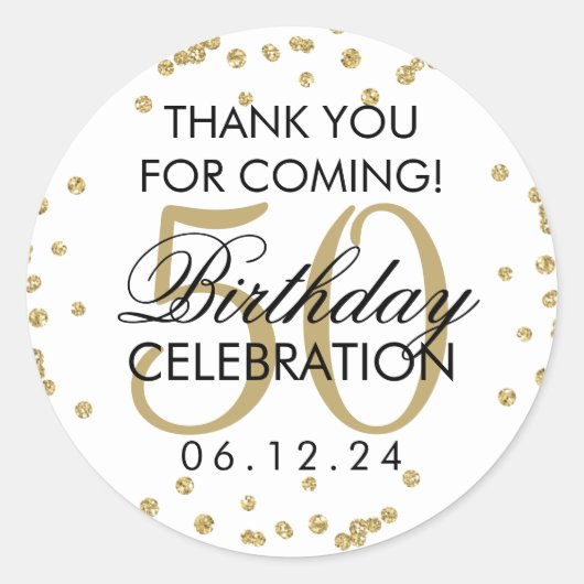 Sticker Rond Gold 50th Birthday Merci Parties scintillant Confe (Devant)