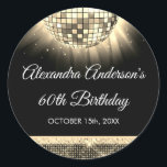 Sticker Rond Gold 60th Birthday Party 70's Disco Ball<br><div class="desc">Augmentez votre 60e anniversaire avec notre Sticker Disco Ball Gold 70's, conçu pour ajouter une pop de couleur et un flair rétro à votre fête. Cet autocollant est le complément parfait d'un panier à thème disco ou de tout événement où vous voulez insuffler une touche de "nostalgie les années 70"....</div>