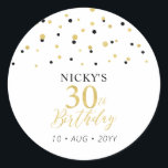 Sticker Rond Gold & Black 30th Birthday Favor Merci<br><div class="desc">Cet autocollant simple en or et noir ajoutera des détails élégants à votre journée spéciale. Ce design présente un script doré moderne "30th Birthday",  un confetti hexagone avec du texte personnalisé. Des invitations d'anniversaire et des fournitures de fête sont disponibles dans ma boutique BaraBomDesign.</div>