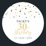 Sticker Rond Gold & Black 30th Birthday Favor Merci<br><div class="desc">Cet autocollant simple en or et noir ajoutera des détails élégants à votre journée spéciale. Ce design présente un script doré moderne "30th Birthday",  un confetti hexagone avec du texte personnalisé. Des invitations d'anniversaire et des fournitures de fête sont disponibles dans ma boutique BaraBomDesign.</div>