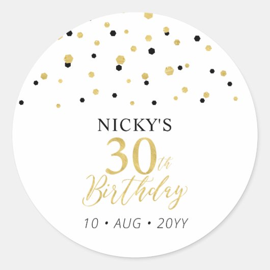 Sticker Rond Gold & Black 30th Birthday Favor Merci (Devant)