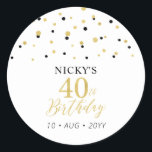 Sticker Rond Gold & Black 40th Birthday Favor Merci<br><div class="desc">Cet autocollant simple en or et noir ajoutera des détails élégants à votre journée spéciale. Ce design présente un script doré moderne "40th Birthday",  un confetti hexagone avec du texte personnalisé. Des invitations d'anniversaire et des fournitures de fête sont disponibles dans ma boutique BaraBomDesign.</div>