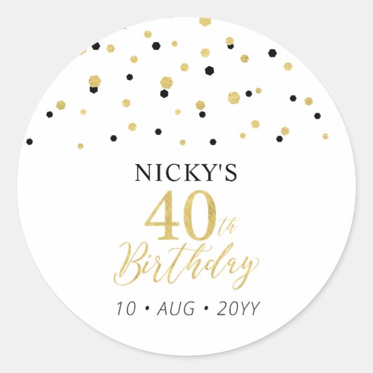 Sticker Rond Gold & Black 40th Birthday Favor Merci (Devant)