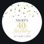 Sticker Rond Gold & Black 40th Birthday Favor Merci<br><div class="desc">Cet autocollant simple en or et noir ajoutera des détails élégants à votre journée spéciale. Ce design présente un script doré moderne "40th Birthday",  un confetti hexagone avec du texte personnalisé. Des invitations d'anniversaire et des fournitures de fête sont disponibles dans ma boutique BaraBomDesign.</div>