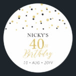 Sticker Rond Gold & Black 40th Birthday Favor Merci<br><div class="desc">Cet autocollant simple en or et noir ajoutera des détails élégants à votre journée spéciale. Ce design présente un script doré moderne "40th Birthday",  un confetti hexagone avec du texte personnalisé. Des invitations d'anniversaire et des fournitures de fête sont disponibles dans ma boutique BaraBomDesign.</div>