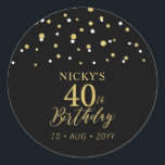 Sticker Rond Gold & Black 40th Birthday Favor Merci<br><div class="desc">Cet autocollant simple en or et noir ajoutera des détails élégants à votre journée spéciale. Ce design présente un script doré moderne "40th Birthday",  un confetti hexagone avec du texte personnalisé. Des invitations d'anniversaire et des fournitures de fête sont disponibles dans ma boutique BaraBomDesign.</div>