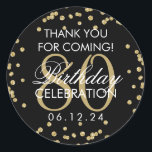 Sticker Rond Gold Black 80th Birthday Merci Parties scintillant<br><div class="desc">Elégant 80e anniversaire "Merci" Gold Faux Parties scintillant Confetti Black préférence tag modèle.</div>