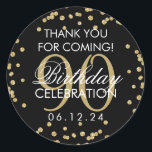 Sticker Rond Gold Black 90th Birthday Merci Parties scintillant<br><div class="desc">Elégant 90e anniversaire "Merci" Gold Faux Parties scintillant Confetti Black préférence tag modèle.</div>