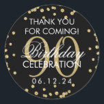 Sticker Rond Gold Black 90th Birthday Merci Parties scintillant<br><div class="desc">Elégant 90e anniversaire "Merci" Gold Faux Parties scintillant Confetti Black préférence tag modèle.</div>