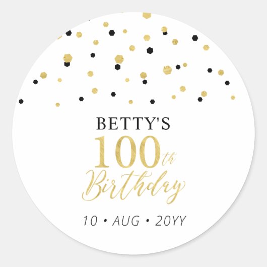 Sticker Rond Gold & Black Confetti 100e fête d'anniversaire Fav (Devant)