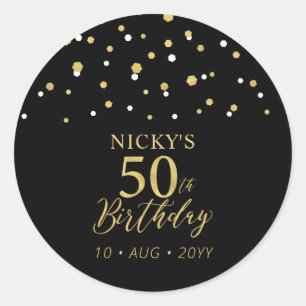 Sticker Rond Gold & Black Confetti 50e Anniversaire Fête Faveur