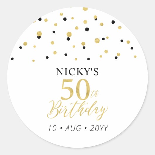 Sticker Rond Gold & Black Confetti 50e Anniversaire Fête Faveur (Devant)