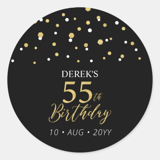 Sticker Rond Gold & Black Confetti 55e Anniversaire Fête Faveur (Devant)
