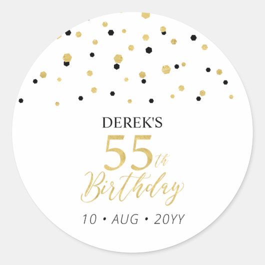 Sticker Rond Gold & Black Confetti 55e Anniversaire Fête Faveur (Devant)