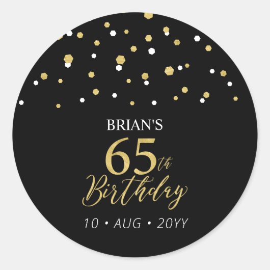 Sticker Rond Gold & Black Confetti 65e fête d'anniversaire Favo (Devant)