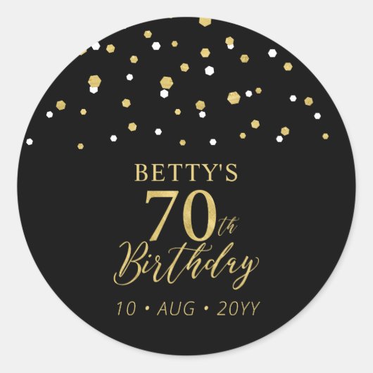 Sticker Rond Gold & Black Confetti 70e fête d'anniversaire Favo (Devant)