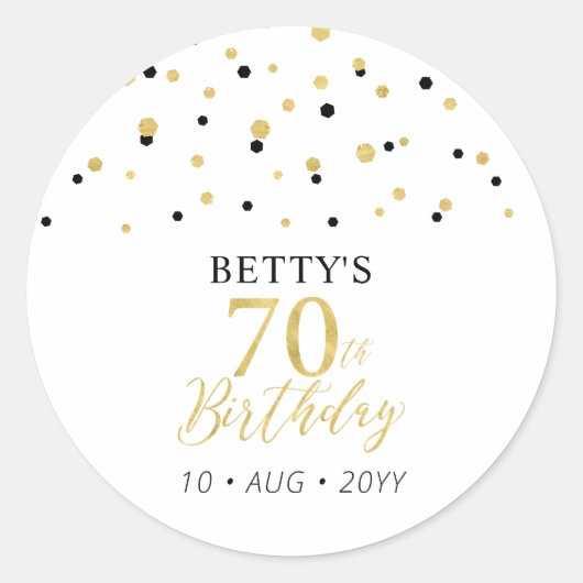Sticker Rond Gold & Black Confetti 70e fête d'anniversaire Favo (Devant)