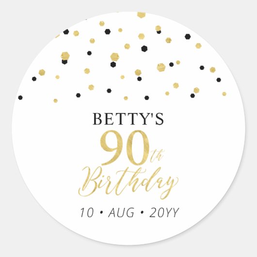 Sticker Rond Gold & Black Confetti 90e fête d'anniversaire Favo (Devant)