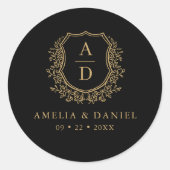 Sticker Rond Gold Black Crest Moderne Monogramme Mariage (Devant)