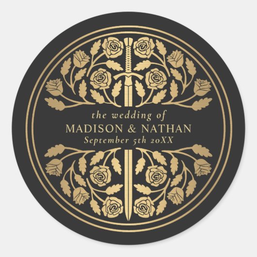 Sticker Rond Gold Black Royal Medieval Sword Wedding  (Devant)