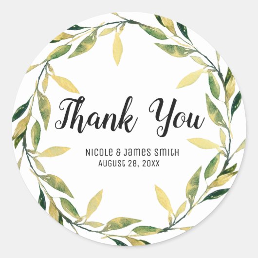 Sticker Rond Gold Botanique Feuille verte Wreath Mariage rustiq (Devant)