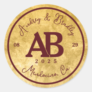 Sticker Rond Gold Bourgogne 2 lettres Monogramme Mariage