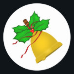Sticker Rond Gold Christmas Handbell<br><div class="desc">Belle cloche de Noël dorée décorée de saints et de deux rubans rouges. La cloche est dorée avec des accents de reflet clair et une poignée en bois. C'est le design de Noël est un art numérique coloré qui a l'air magnifique sur tous les produits offerts. Célébrez cette période de...</div>