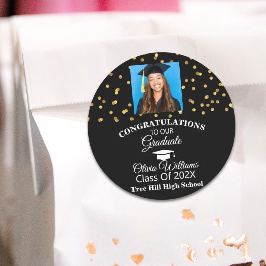 Sticker Rond Gold Confetti Graduate Photo Party