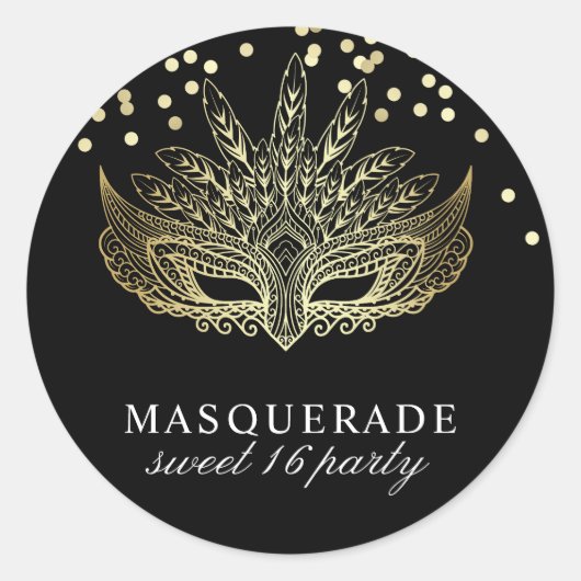 Sticker Rond Gold Confetti Masquerade Sweet 16 Party (Devant)