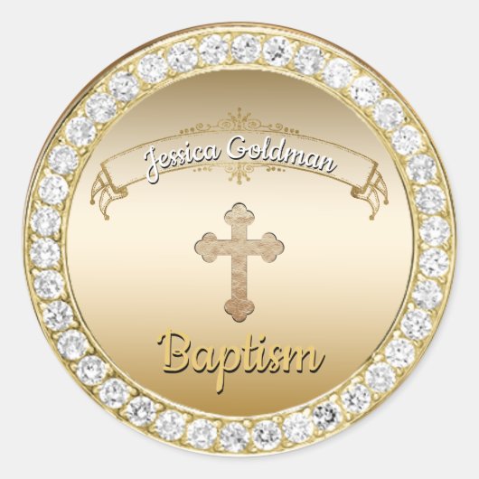 Sticker Rond Gold Cross Diamonds Baptême Christening (Devant)
