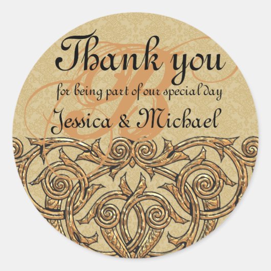 Sticker Rond Gold Damask Custom Monogramme Mariage Faveur Sceau (Devant)